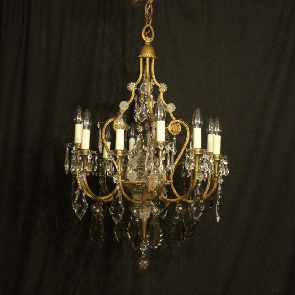 French Gilded Bronze & Crystal 12 Light Antique Chandelier