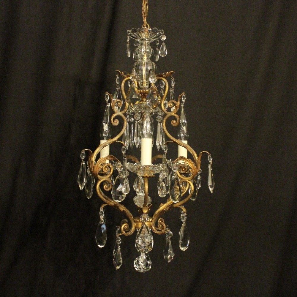 French Gilded & Crystal 4 Light Birdcage Antique Chandelier