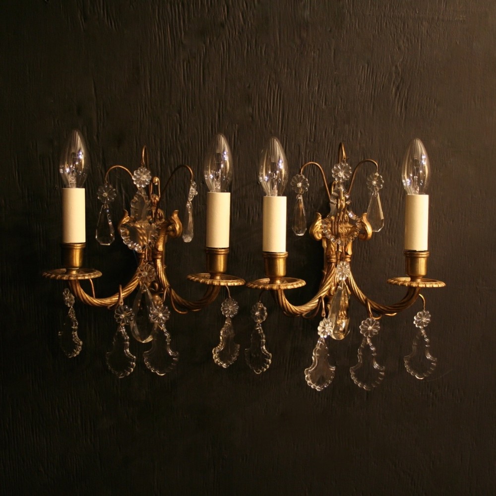 French Pair Of Gilded & Crystal Antique Wall Lights
