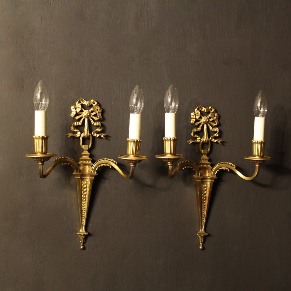 French Pair Of Gilded Twin Arm Ribbon Antique Wall Lights