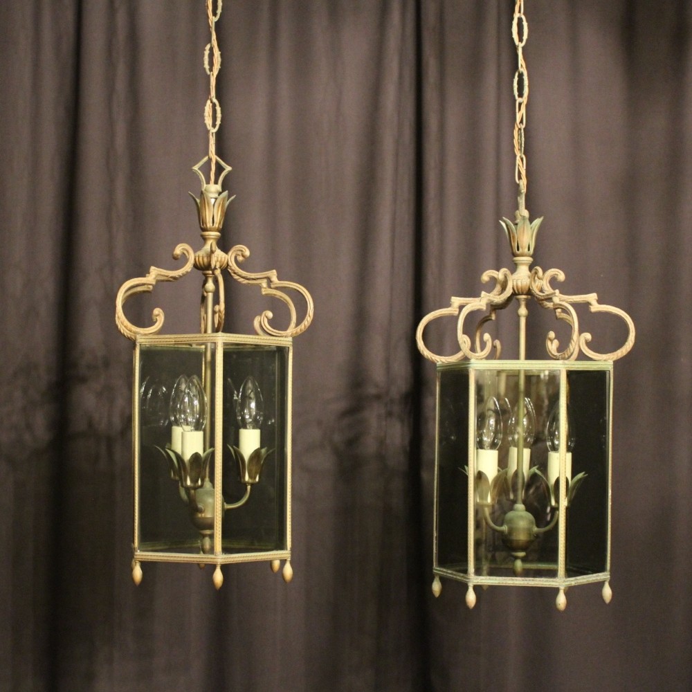 French Pair Of Triple Light Toleware Antique Lanterns