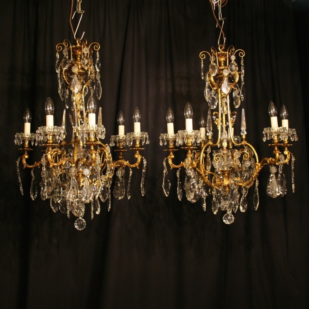 French Pair Of Gilded Bronze & Crystal Antique Chandeliers