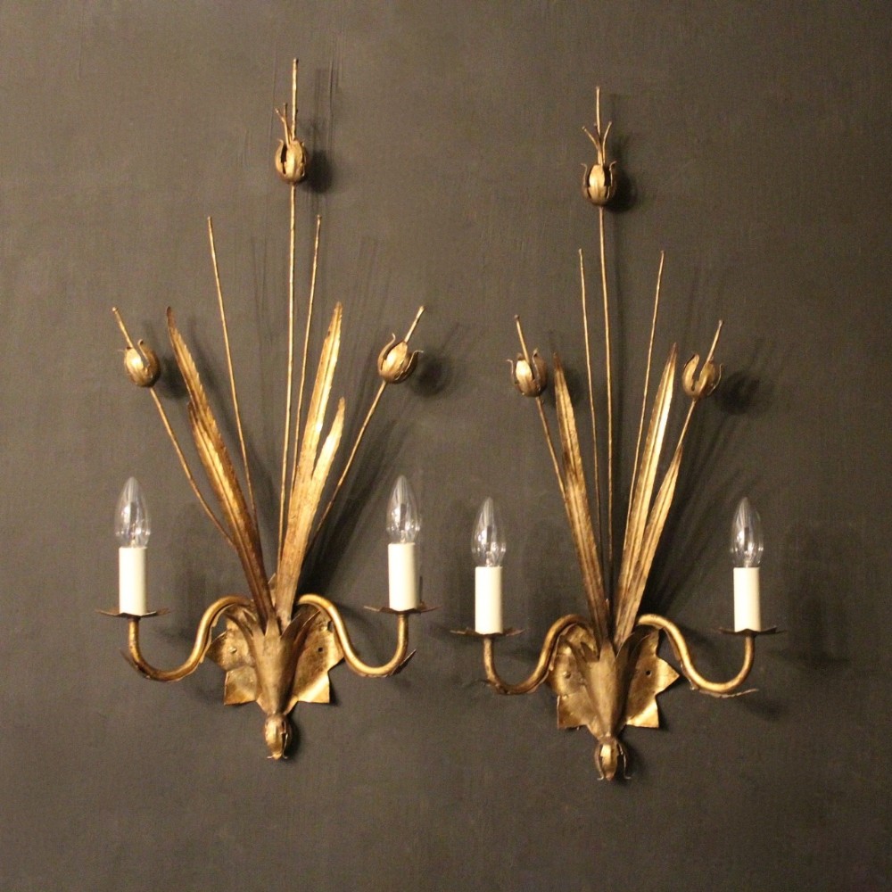 French Pair Of Gilded Twin Arm Floral Wall Lights