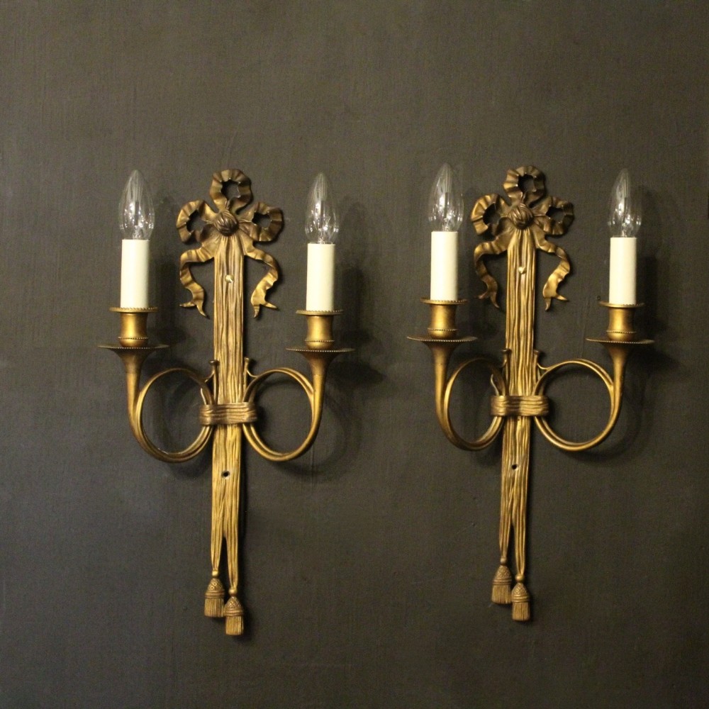 French Pair Of Gilded Bronze Ribbon Antique Wall Sconces