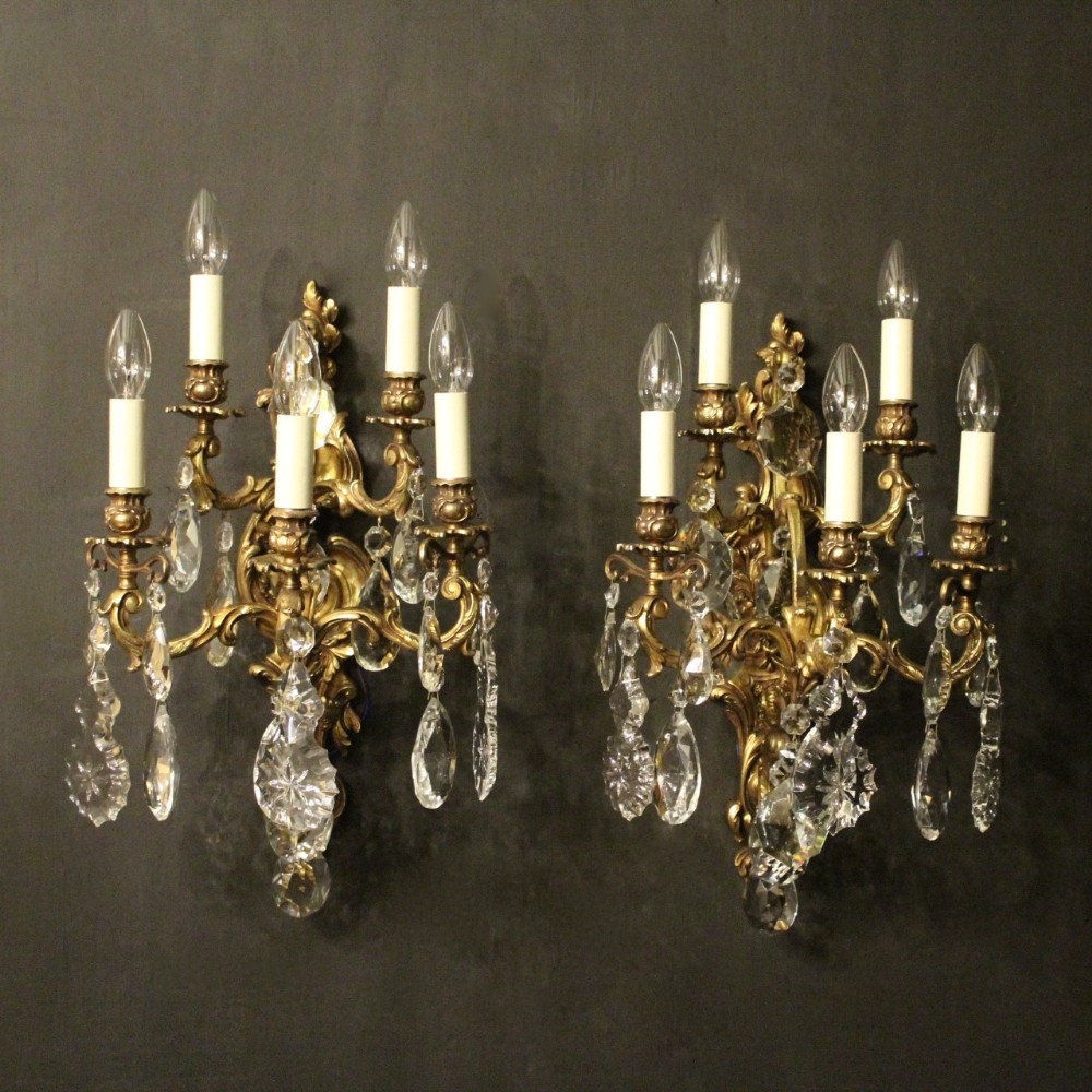 Italian Pair Of Gilded Bronze 5 Arm Antique Wall Lights