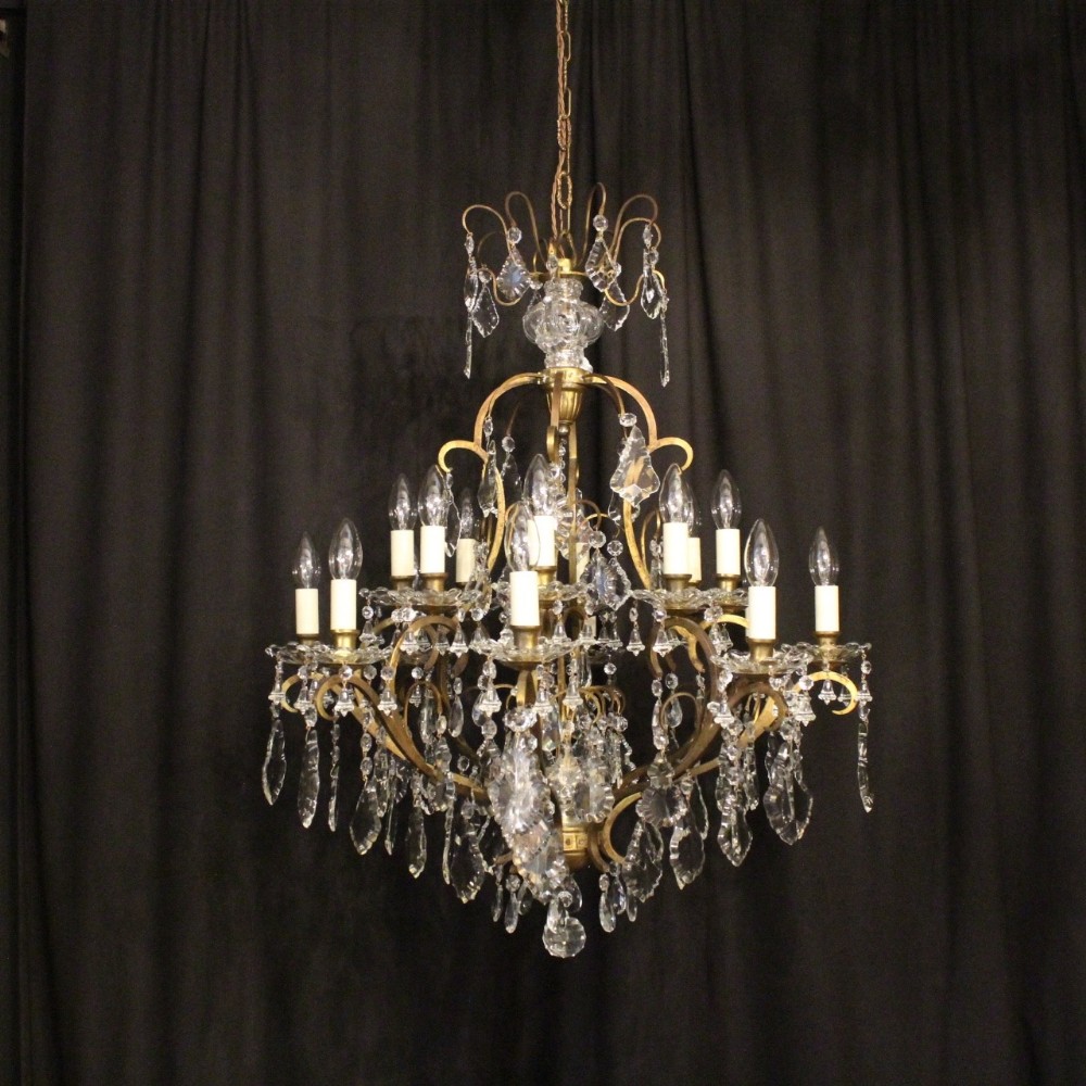 French 16 Light Brass & Crystal Antique Cage Chandelier