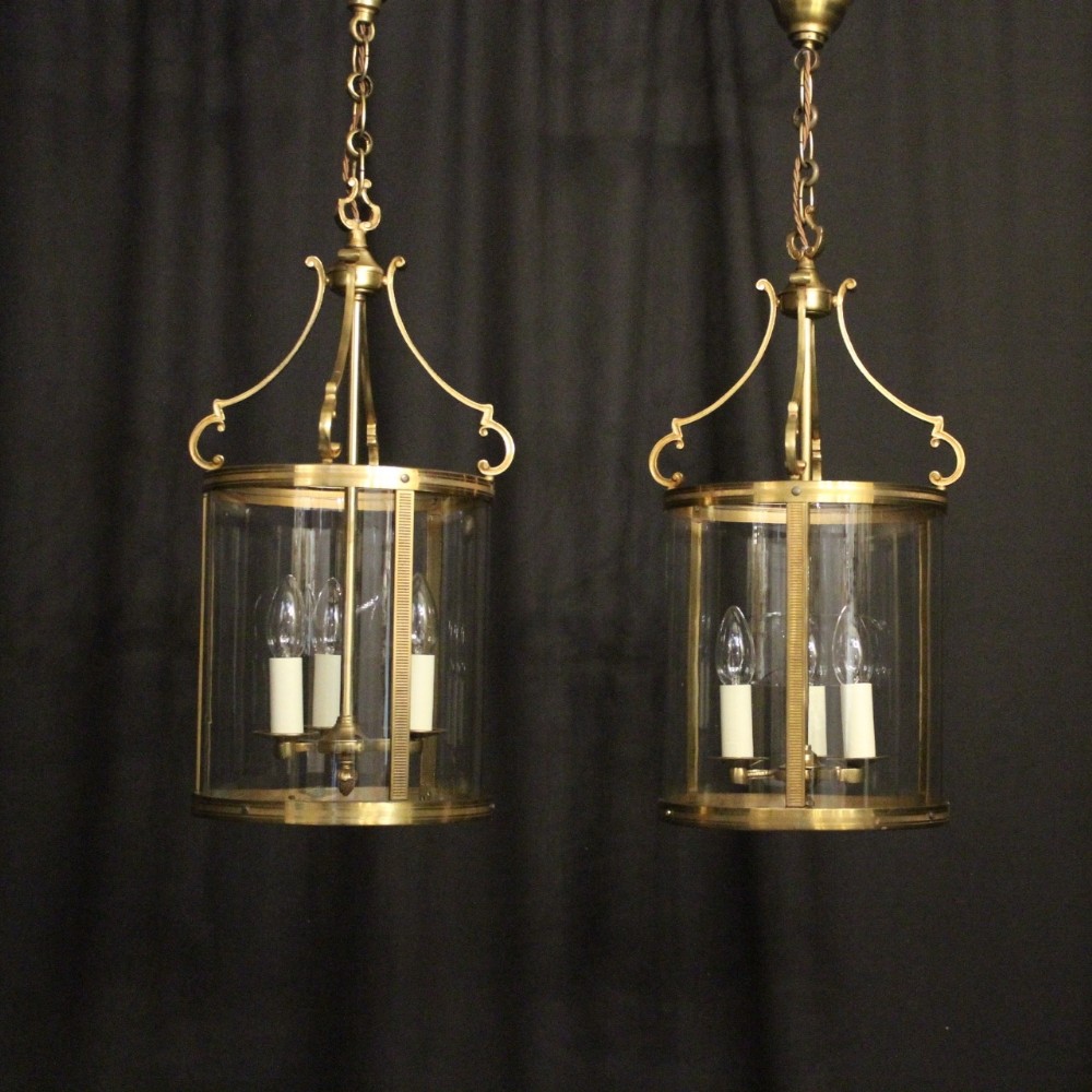 French Pair Of Triple Light Gilded Convex Antique Lanterns