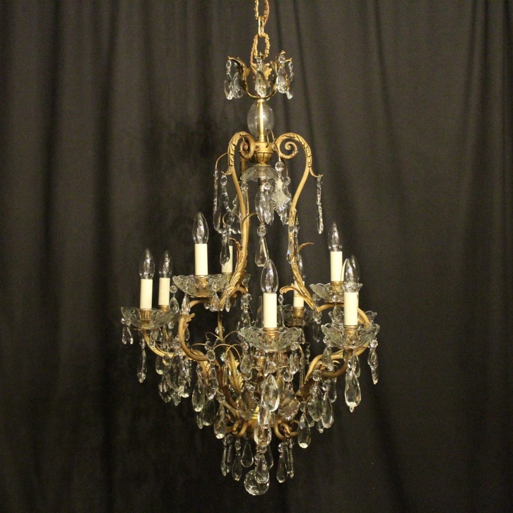 French Gilded Bronze & Crystal 10 Light Antique Chandelier
