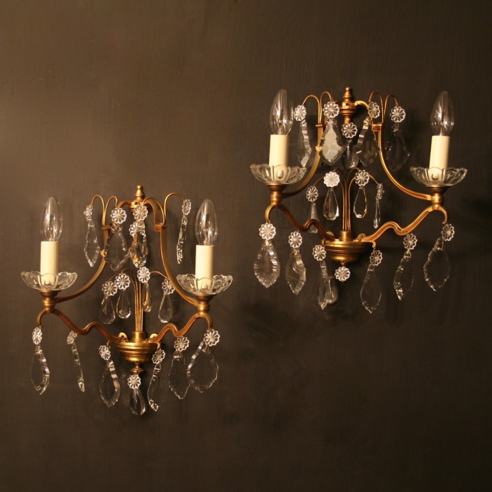 French Pair Of Gilded & Crystal Antique Wall Lights