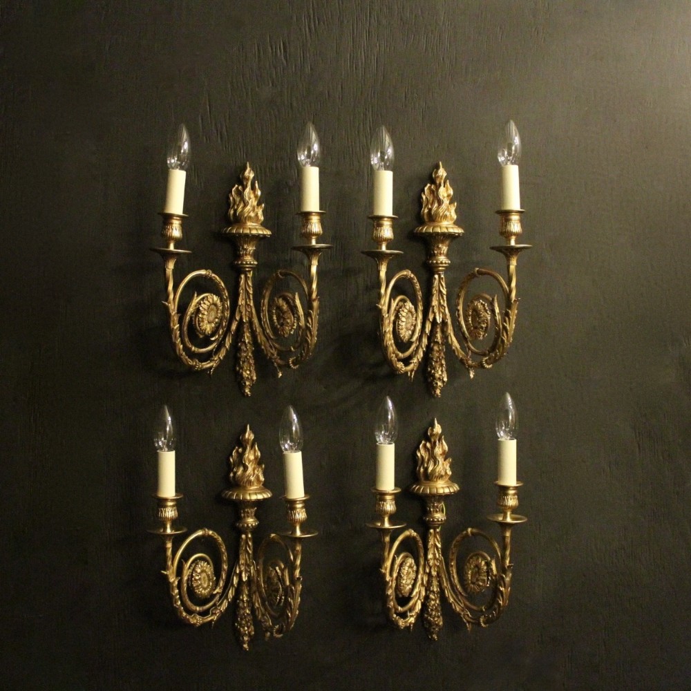 French Set Of 4 Gilded Bronze Twin Arm Antique Wall Sconces