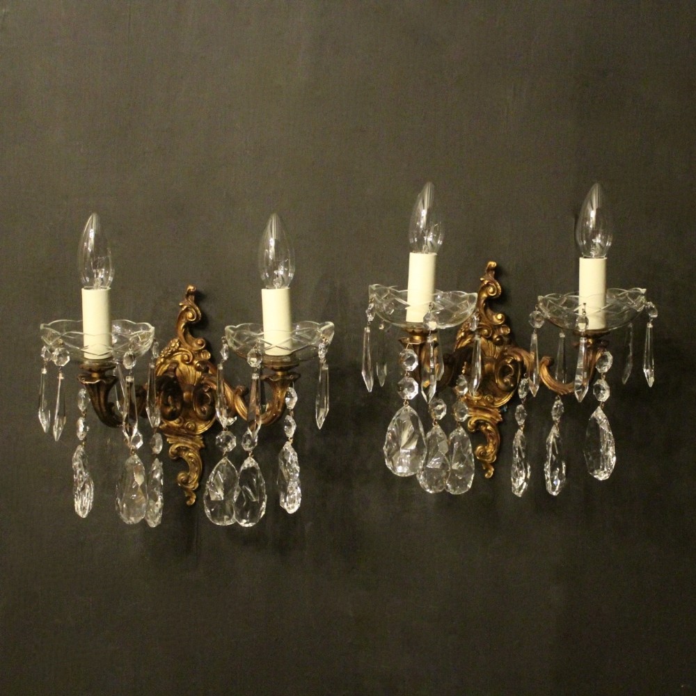 Italian Pair Of Gilded & Crystal Twin Arm Antique Wall Lights