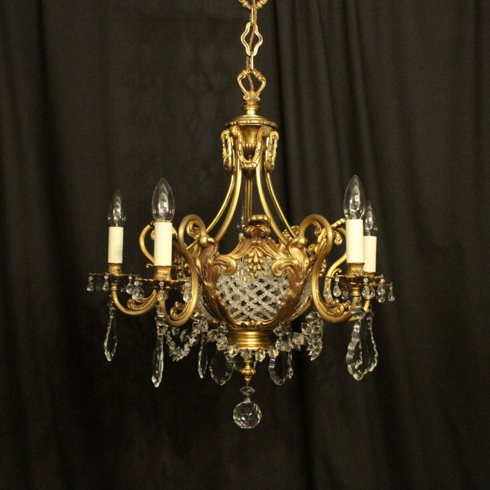 French Gilded Bronze & Crystal 6 Light Antique Chandelier