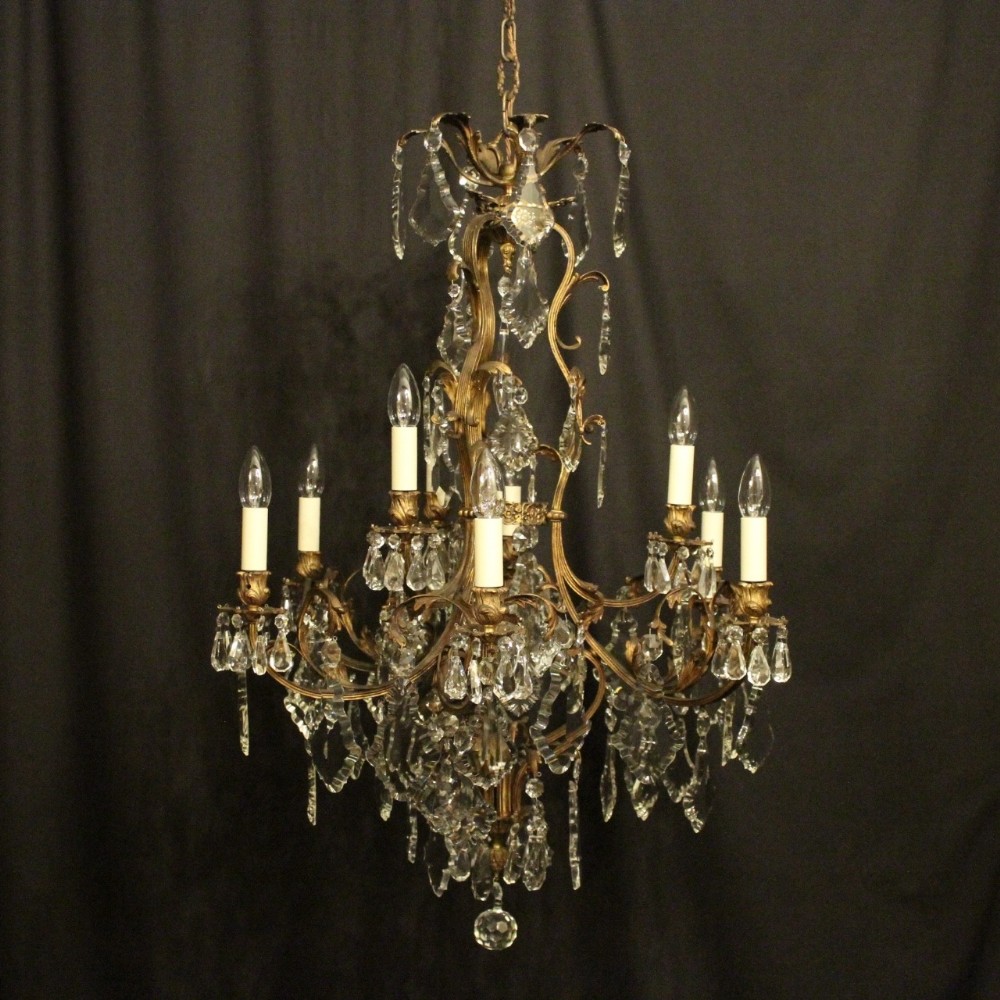 French Gilded Bronze & Crystal 9 Light Antique Chandelier