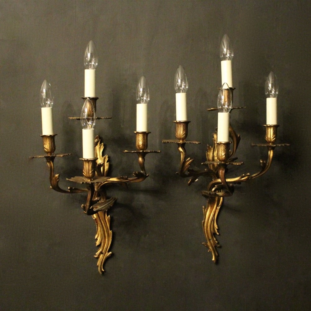 French Pair Of 4 Light Gilded Antique Wall Sconces