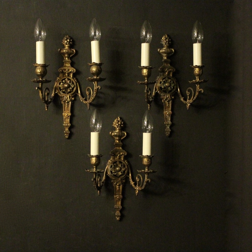 French Set Of 3 Gilded Bronze Antique Wall Sconces