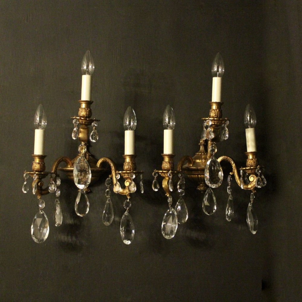 French Pair Of Gilded Bronze & Crystal Triple Arm Wall Lights