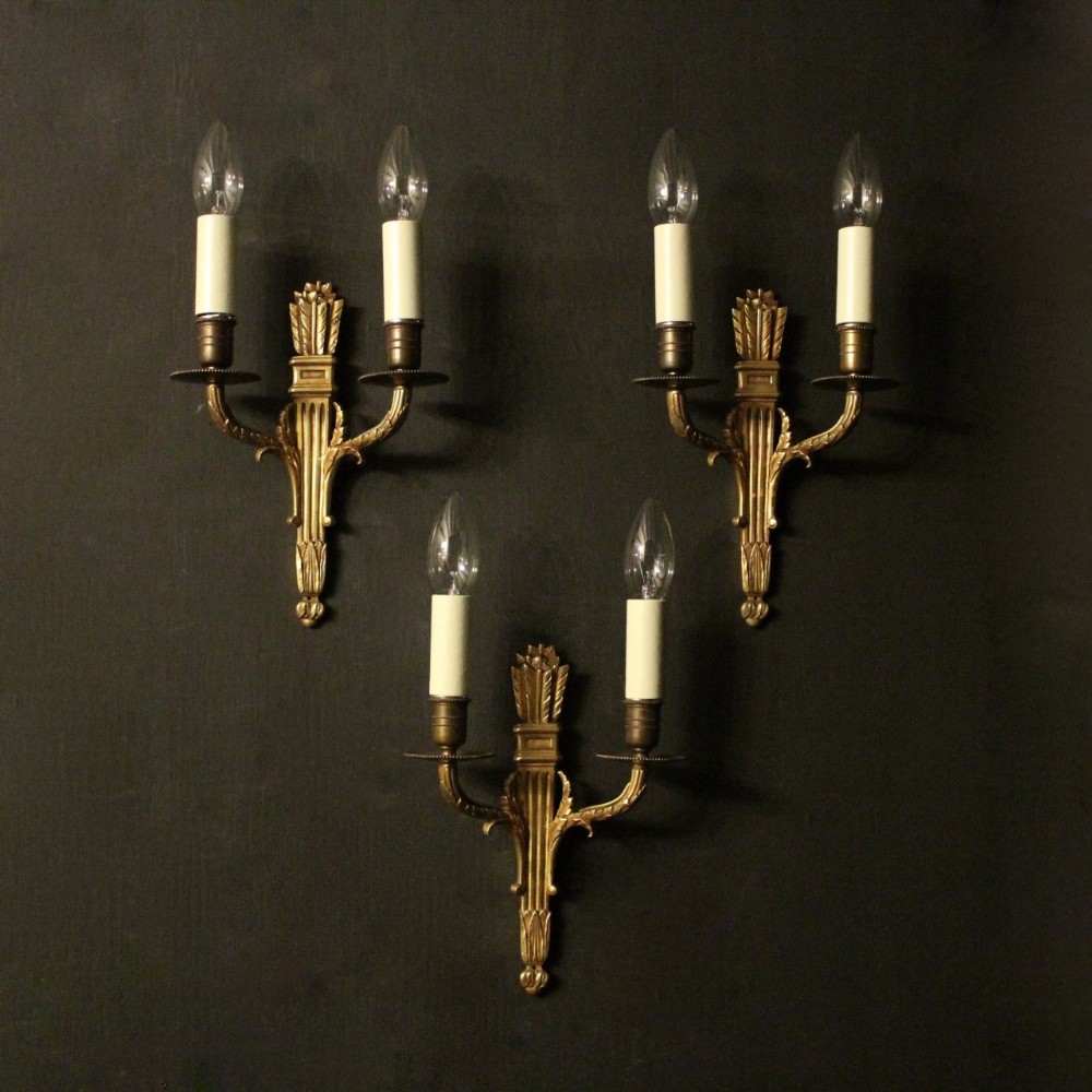 French Set Of 3 Gilded Twin Arm Antique Wall Lights