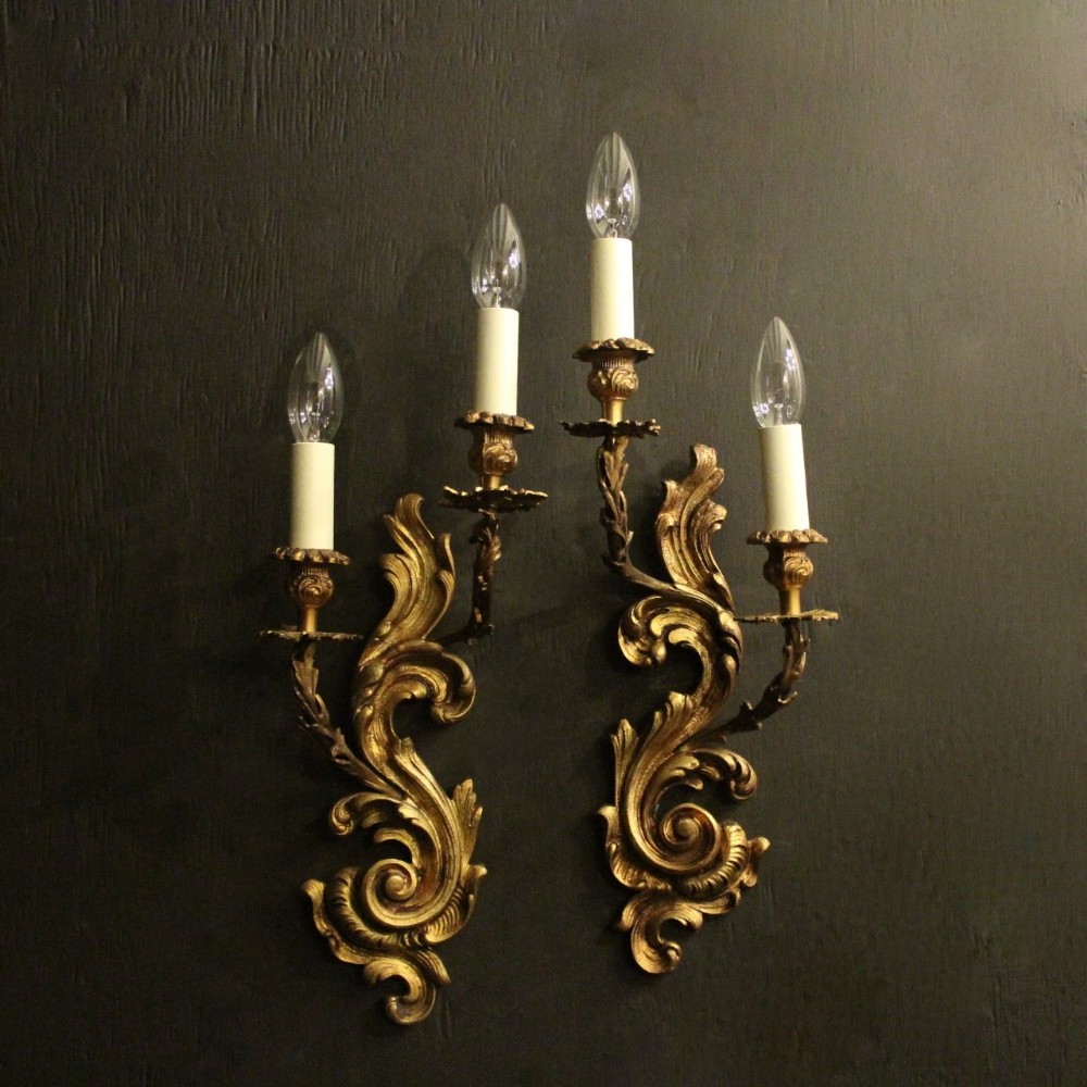 French Pair Of Gilded Bronze Twin Arm Antique Wall Sconces