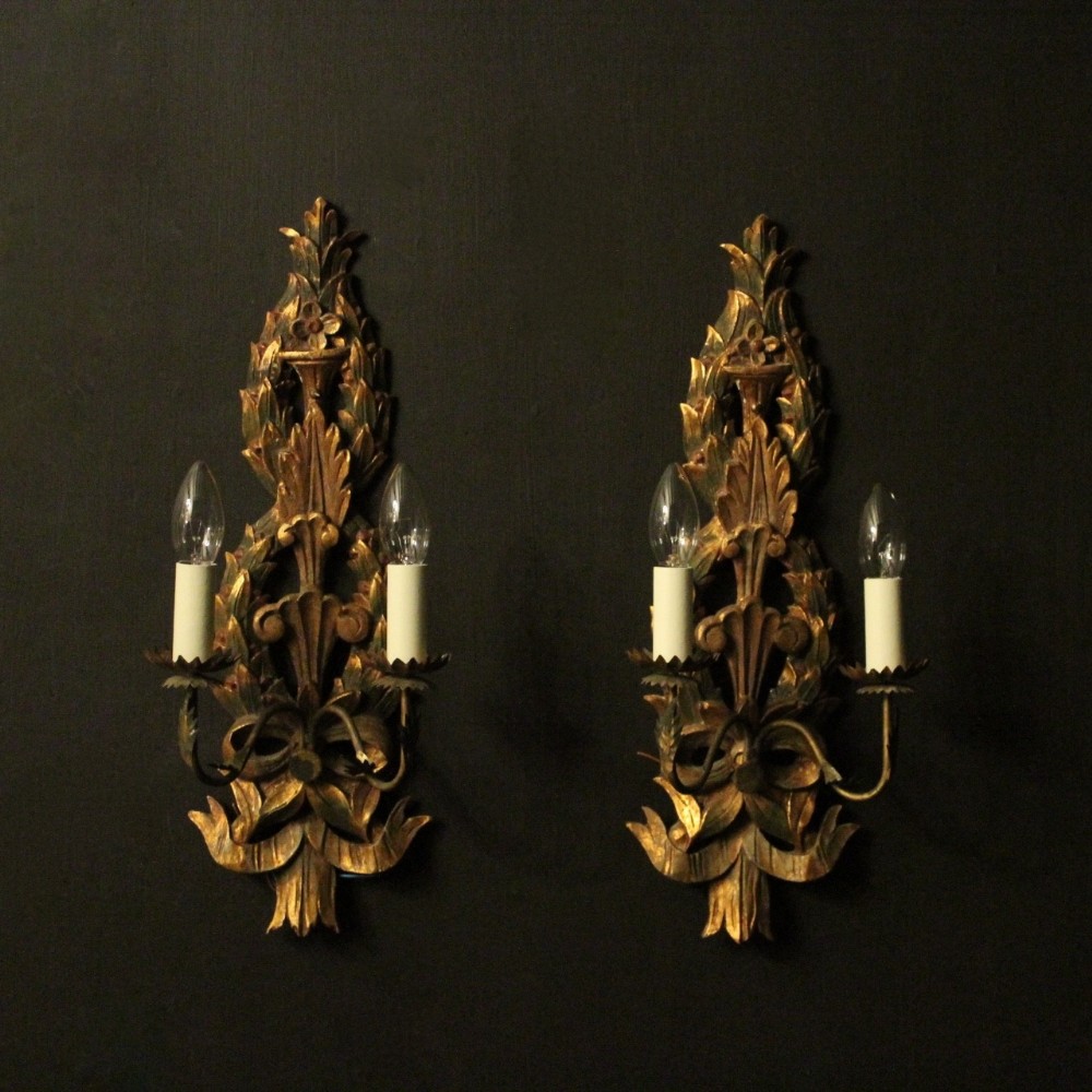 Italian Pair Of Giltwood Polychrome twin Arm Wall Lights