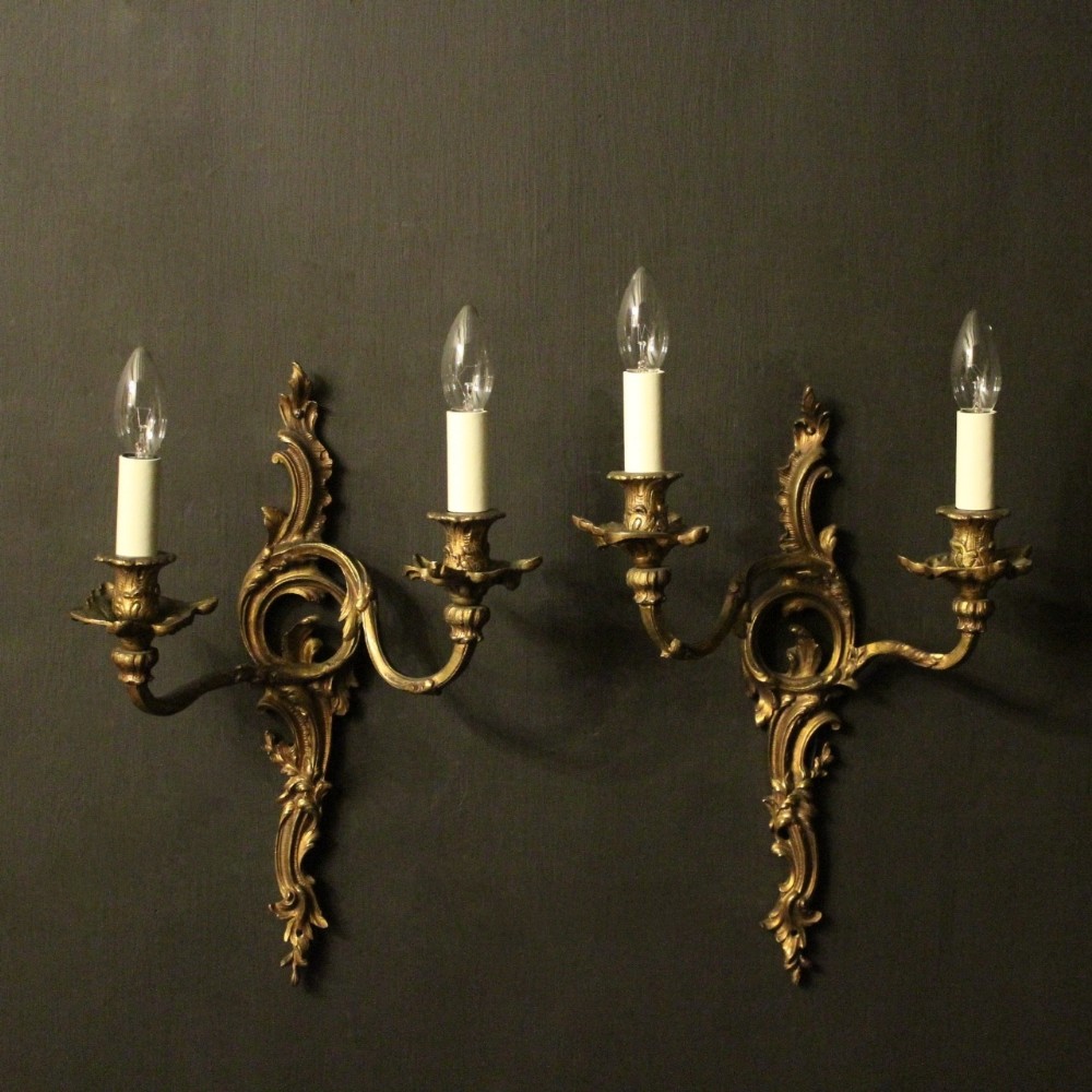 French Pair Of Gilded Antique Twin Arm Wall Sconces