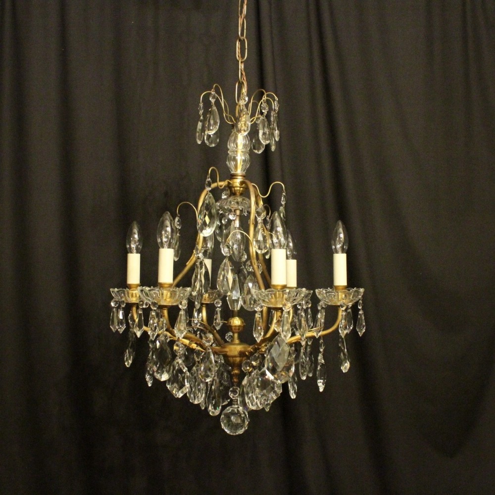 French Gilded & Crystal 7 Light Birdcage Antique Chandelier