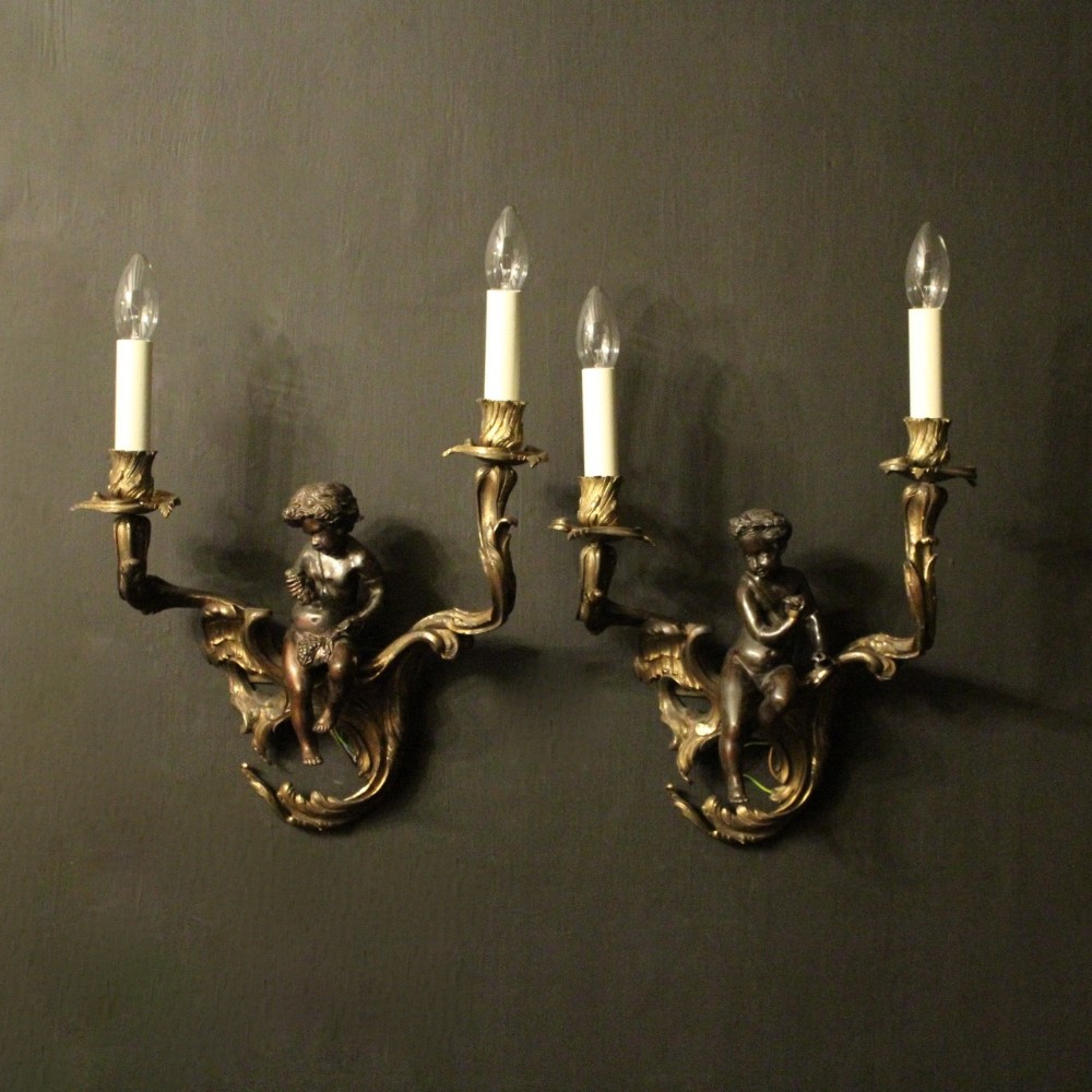 French 19th Century Cherub Gilded Antique Wall Sconces