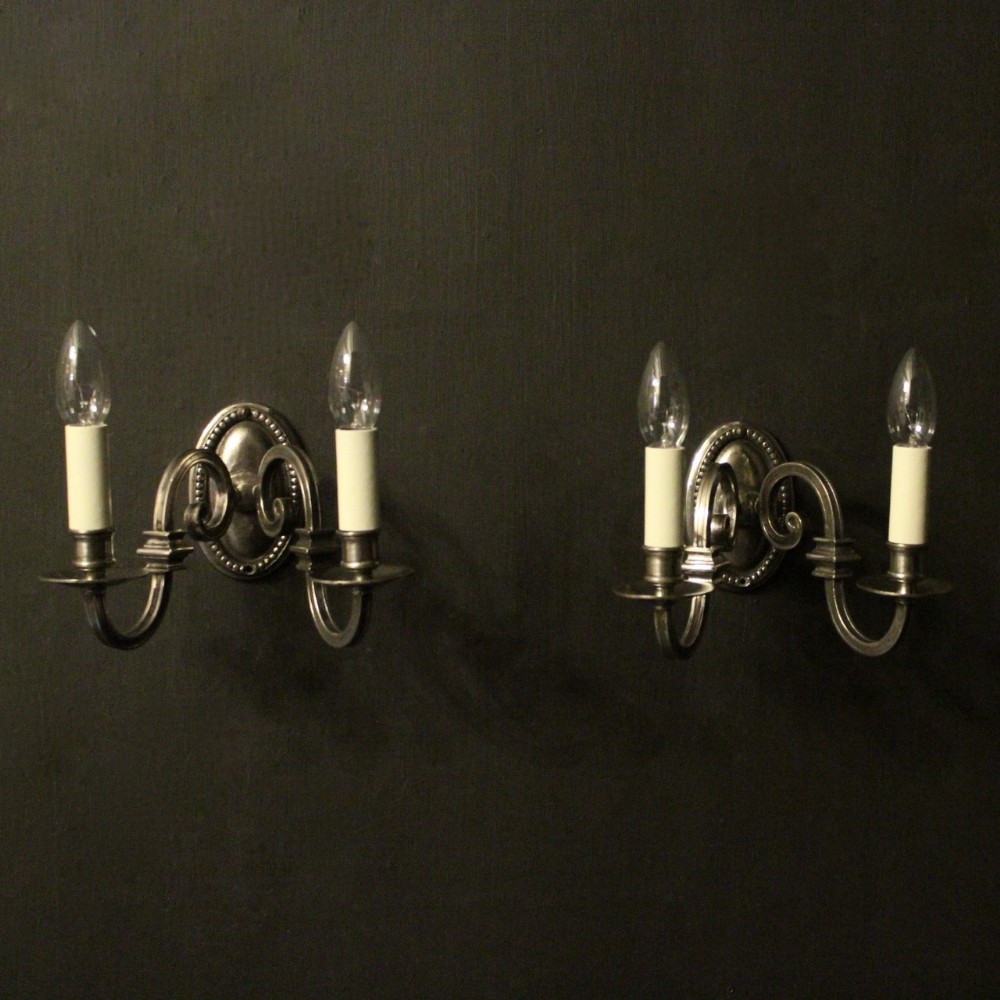 English Pair Of Silver Twin Arm Antique Wall Lights