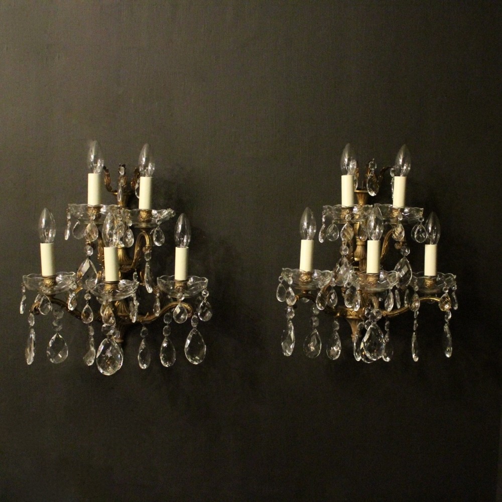 Italian Pair Of Gilded Bronze Five Arm Antique Wall Lights
