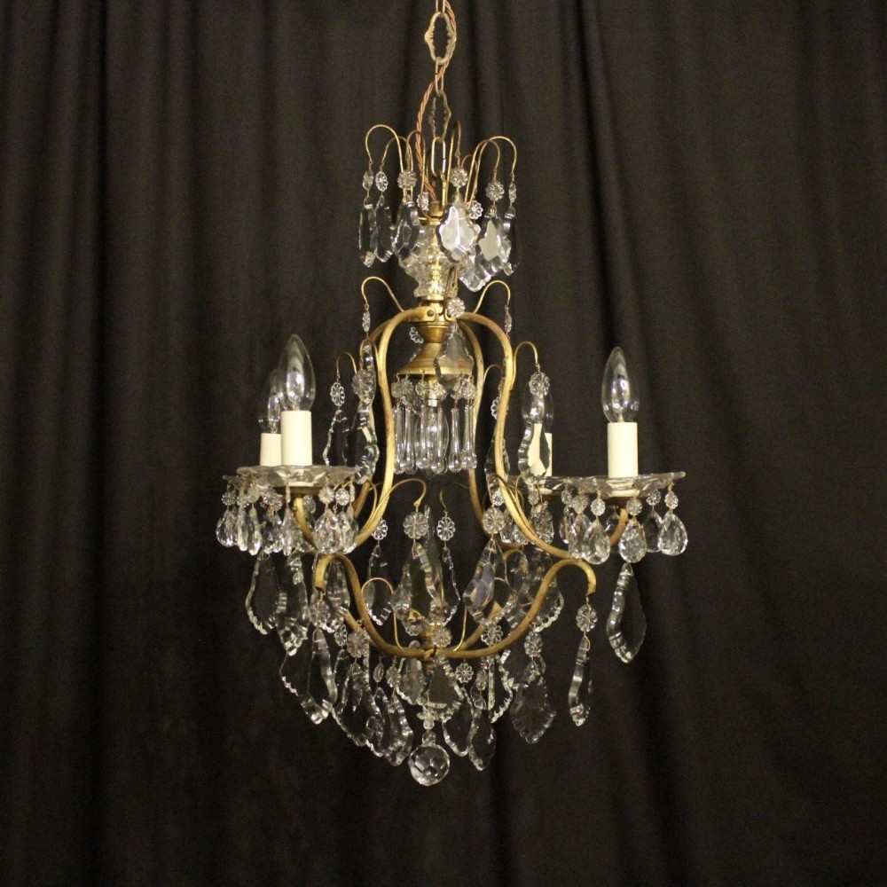 French Crystal & Gilded Birdcage 5 Light Antique Chandelier