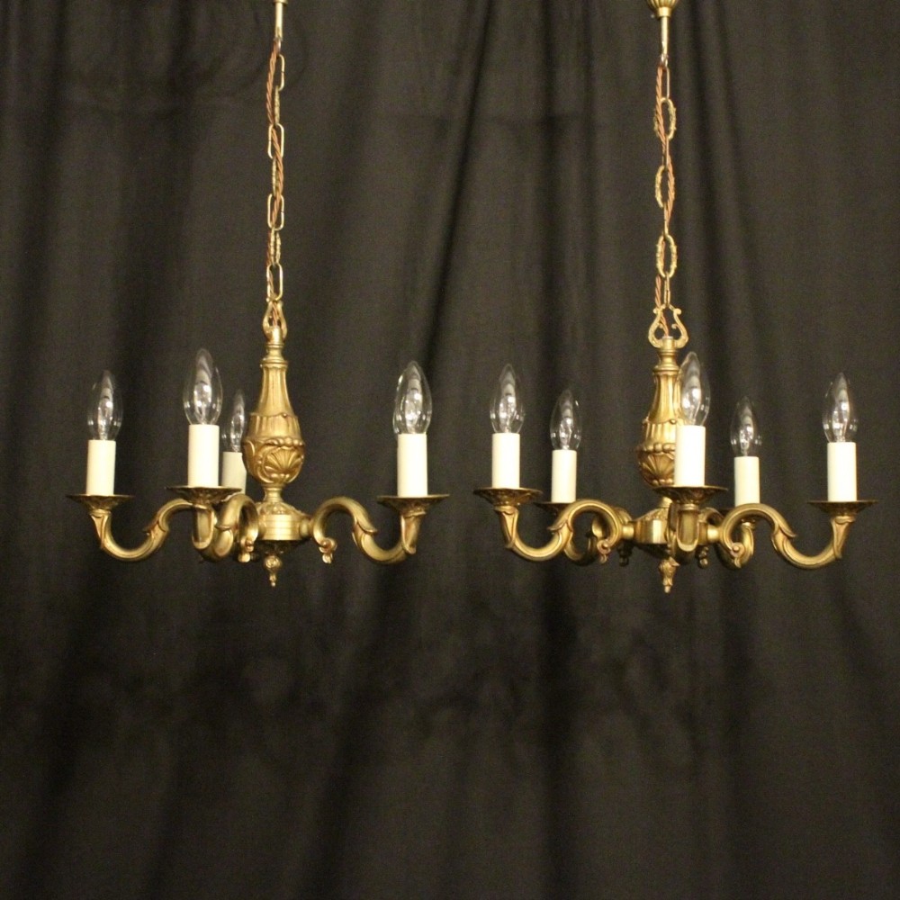 French Pair Of Gilded Five Light Chandeliers