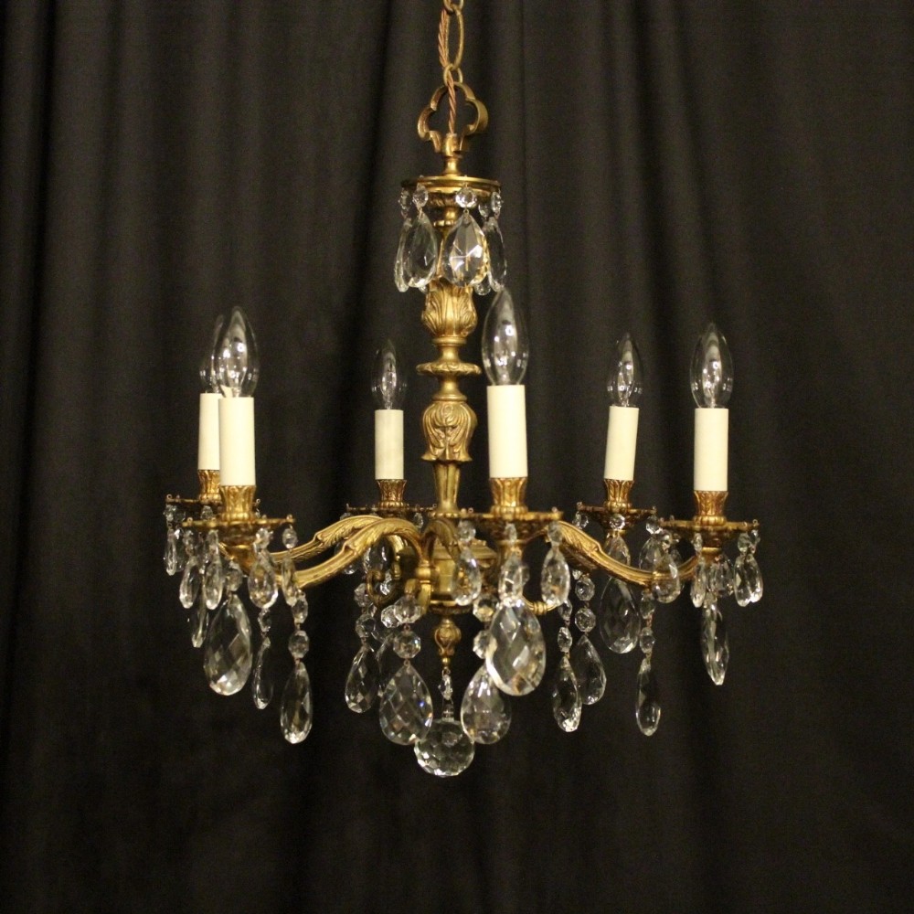 French Gilded Bronze & Crystal 6 Light Antique Chandelier