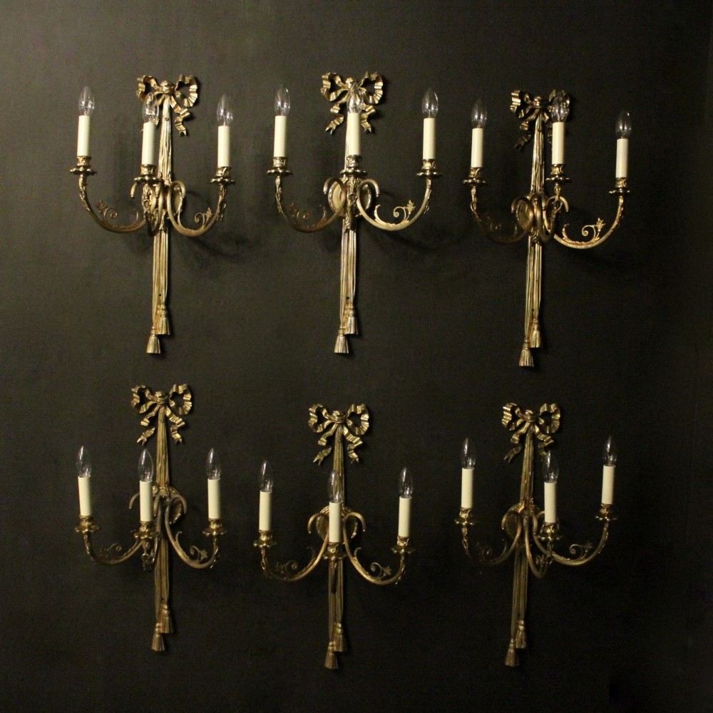 French Set Of 6 Large Gilded Triple Arm Ribbon Wall Lights