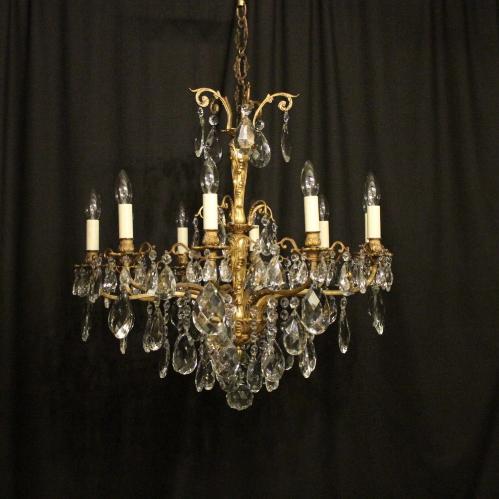 Italian Gilded Bronze & Crystal 10 Light Antique Chandelier