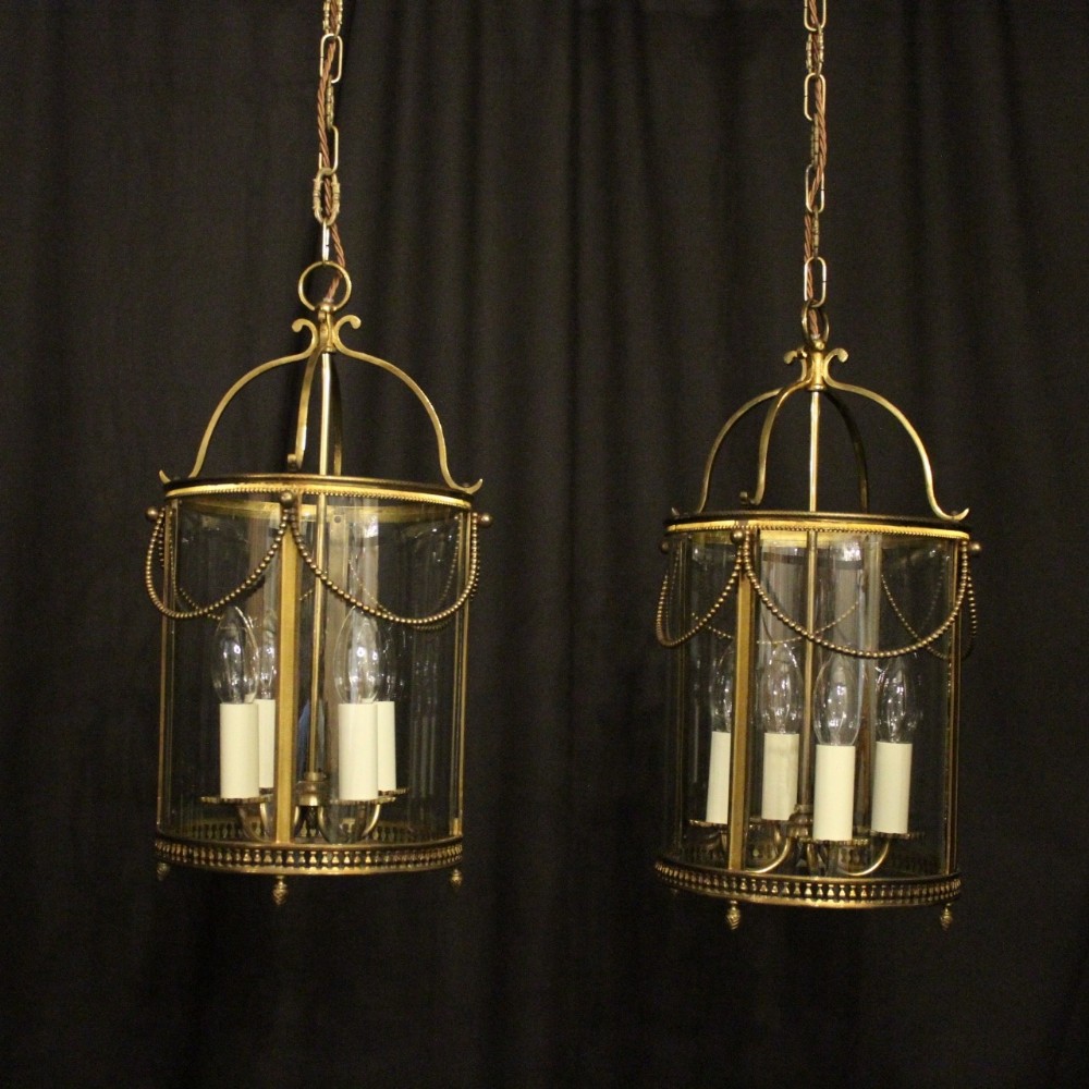 French Pair Of Gilded Convex Antique Hall Lanterns