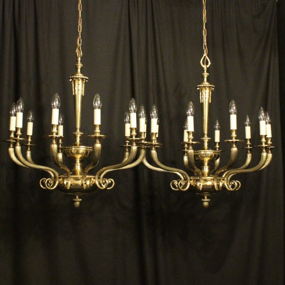English Pair Of Cast Brass 10 Light Chandeliers