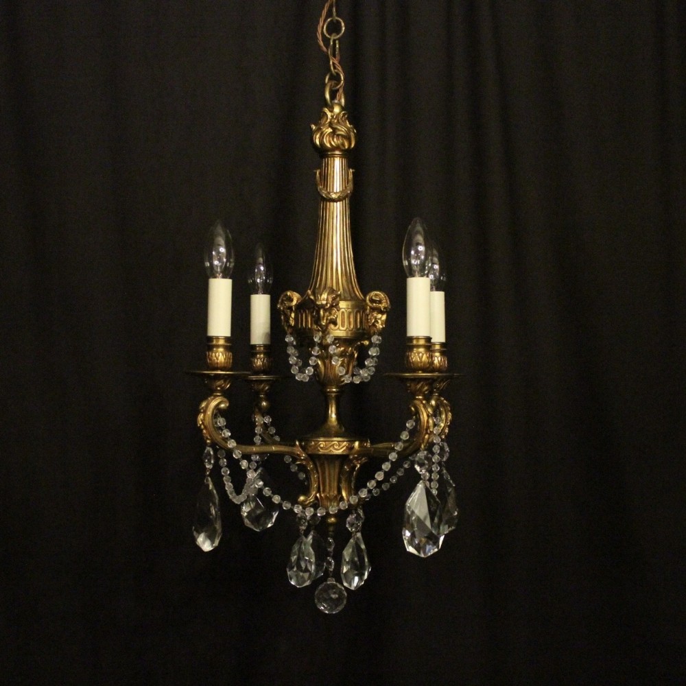 French Gilded Bronze Ram Headed Four Light Antique Chandelier