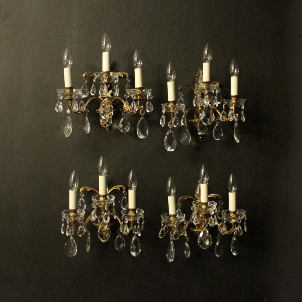 Italian Set Of Four Gilded & Crystal Antique Wall Lights
