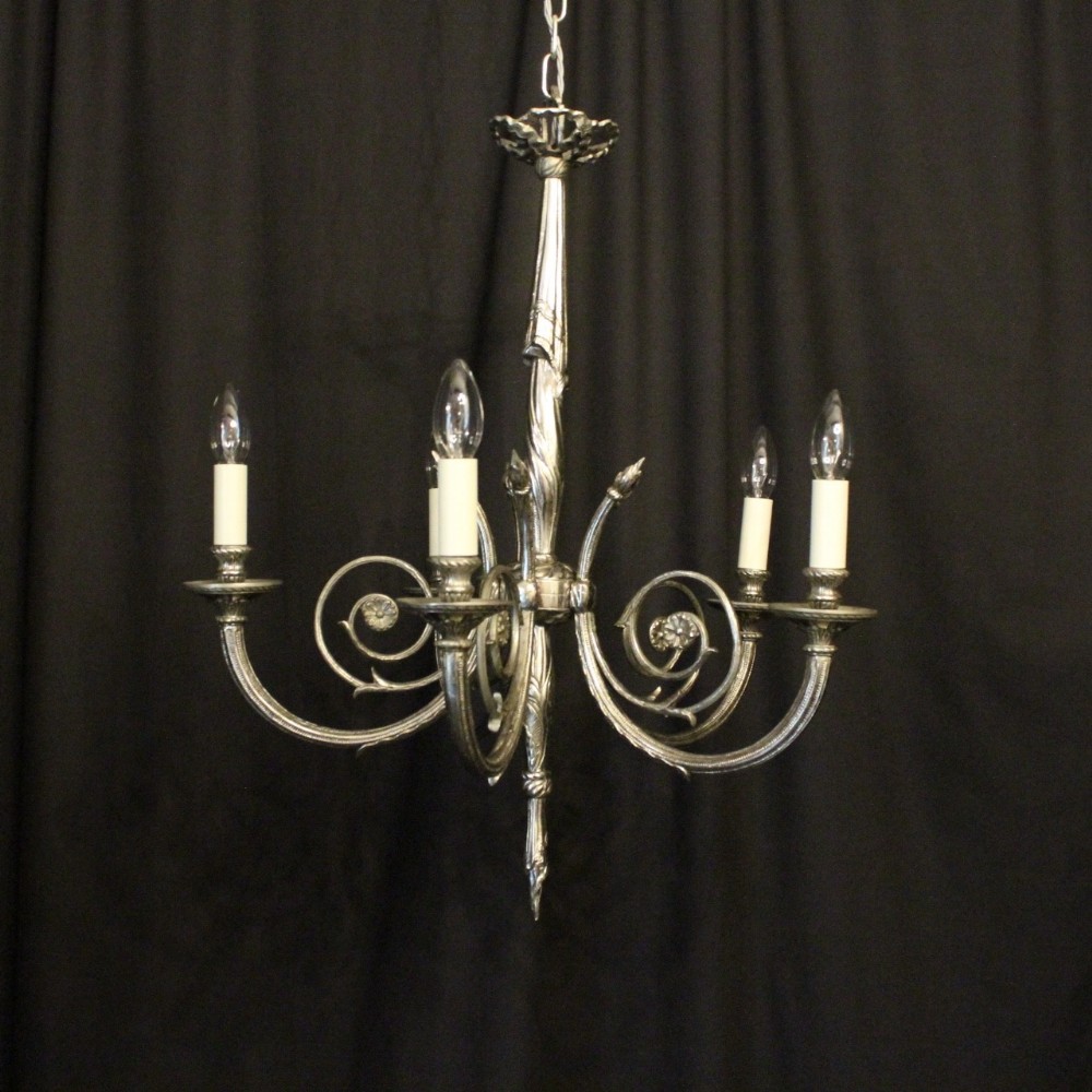 French Silvered Brass Five Light Chandelier