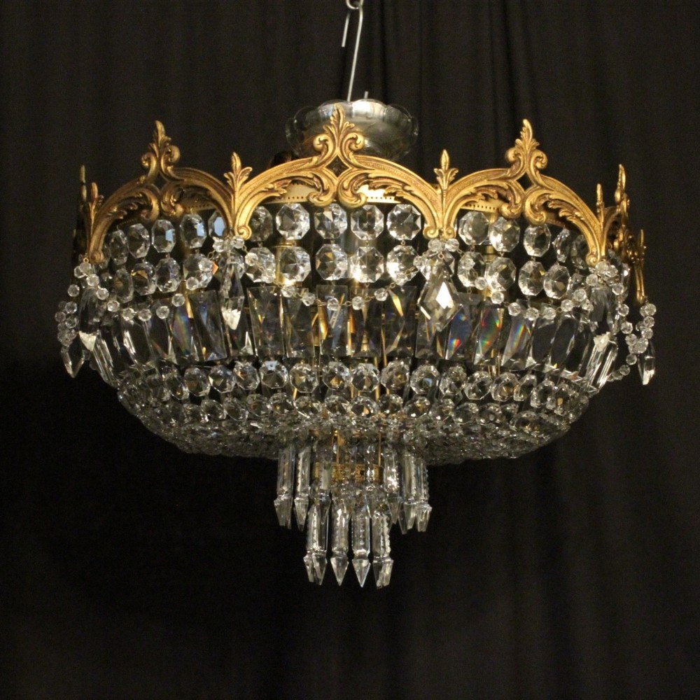 French Gilded & Crystal 6 Light Antique Plaffonier