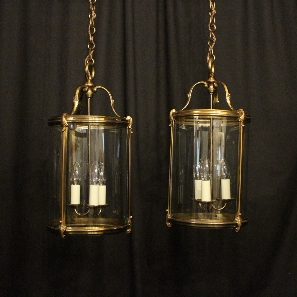 French Pair Of Gilded Triple Light Antique Hall Lanterns