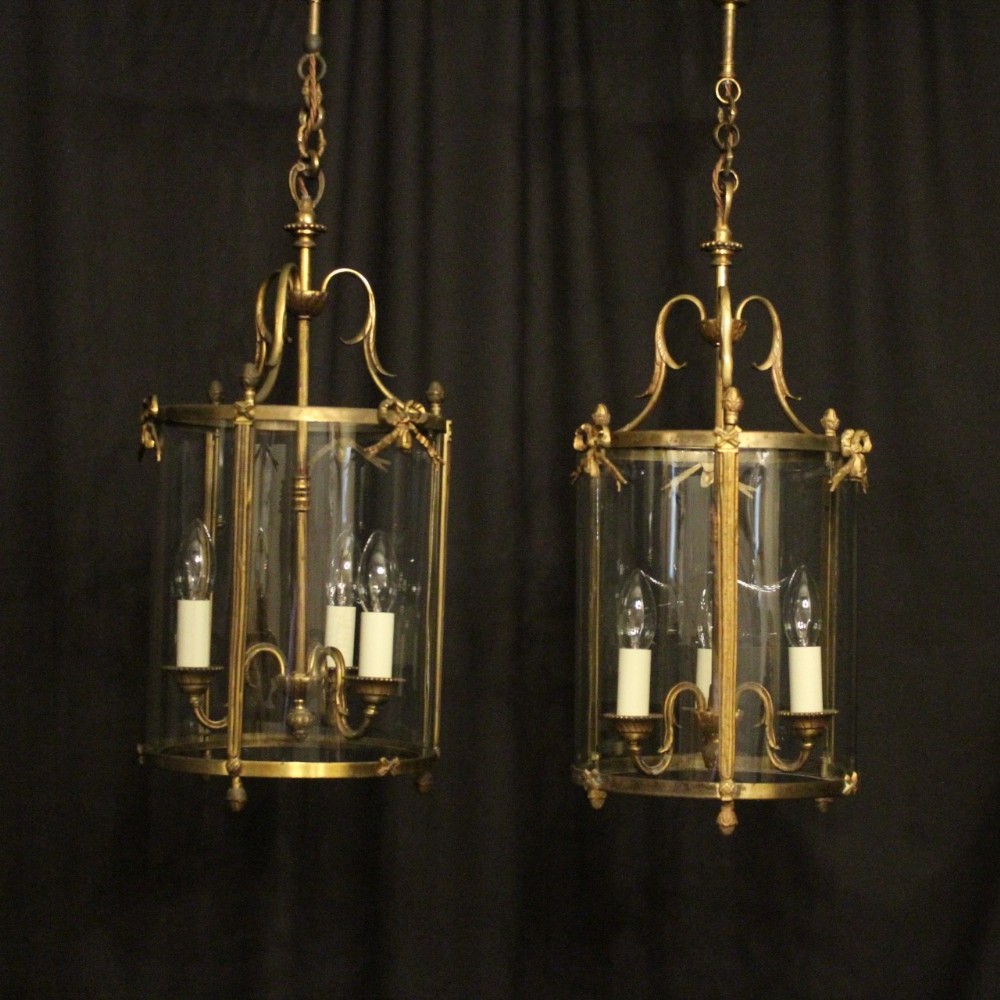 French Pair Of Gilded Triple Light Convex Antique Hall Lanterns