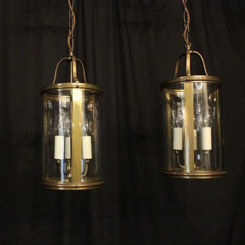 French Pair Of Gilded Triple Light Antique Hall Lanterns