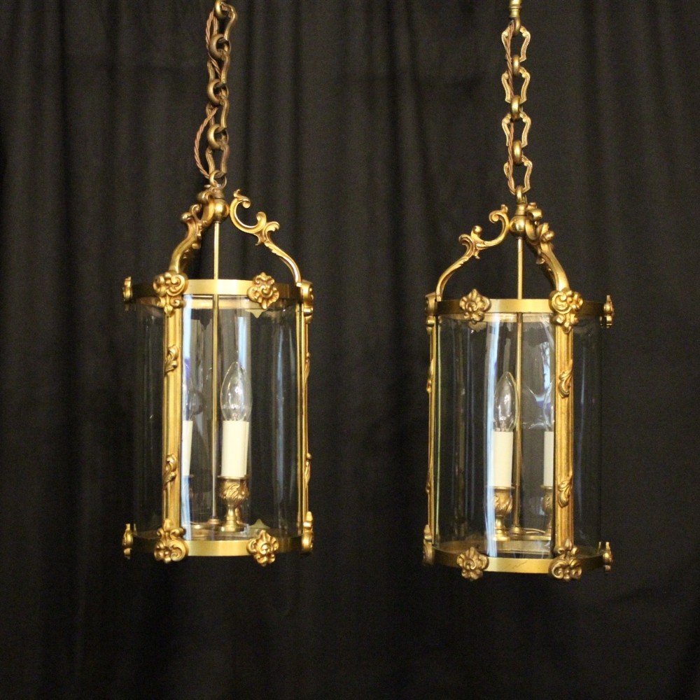 French Pair Of Gilded Bronze Triple Light Hall Lanterns