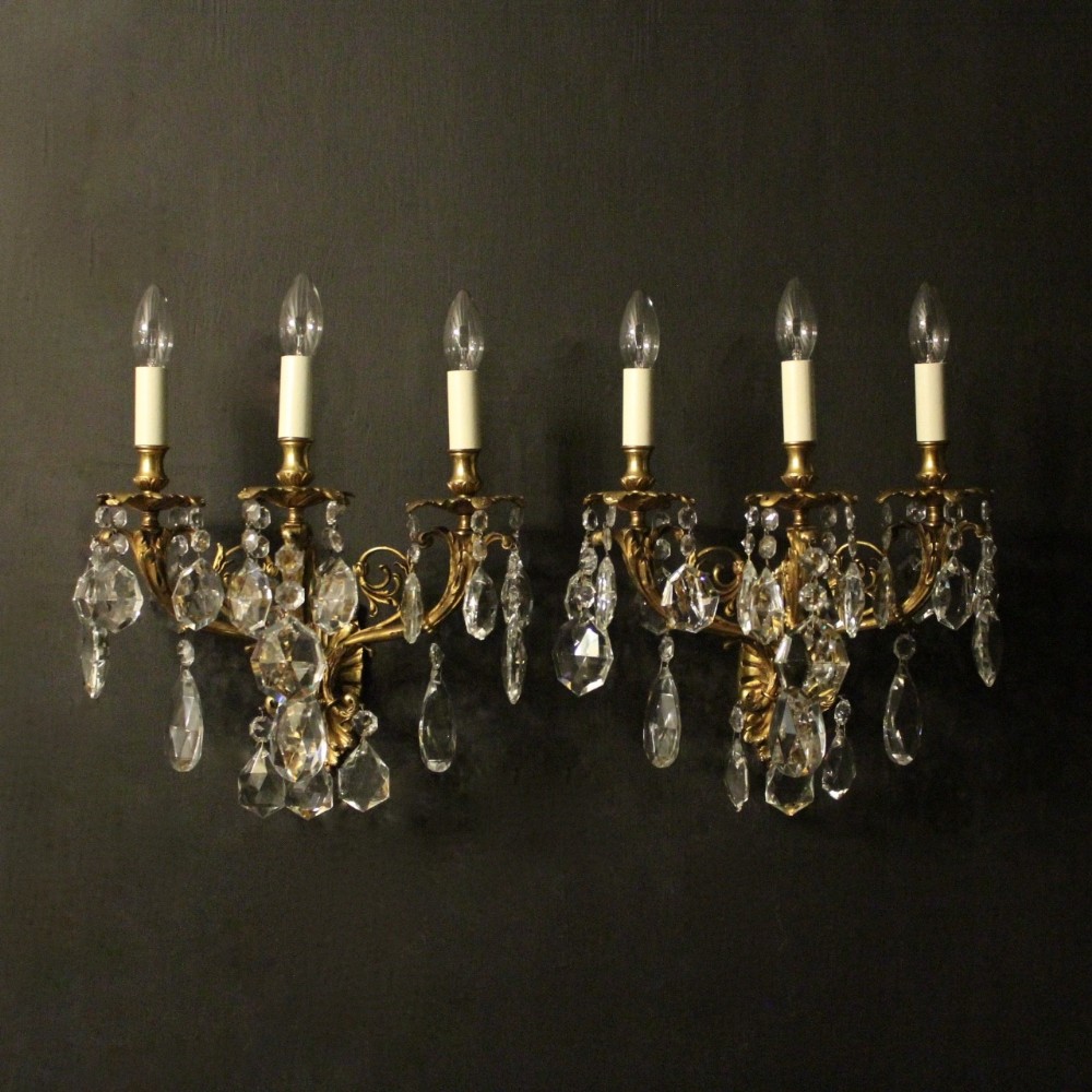 Italian Pair Of Gilded Bronze & Crystal Antique Wall Lights