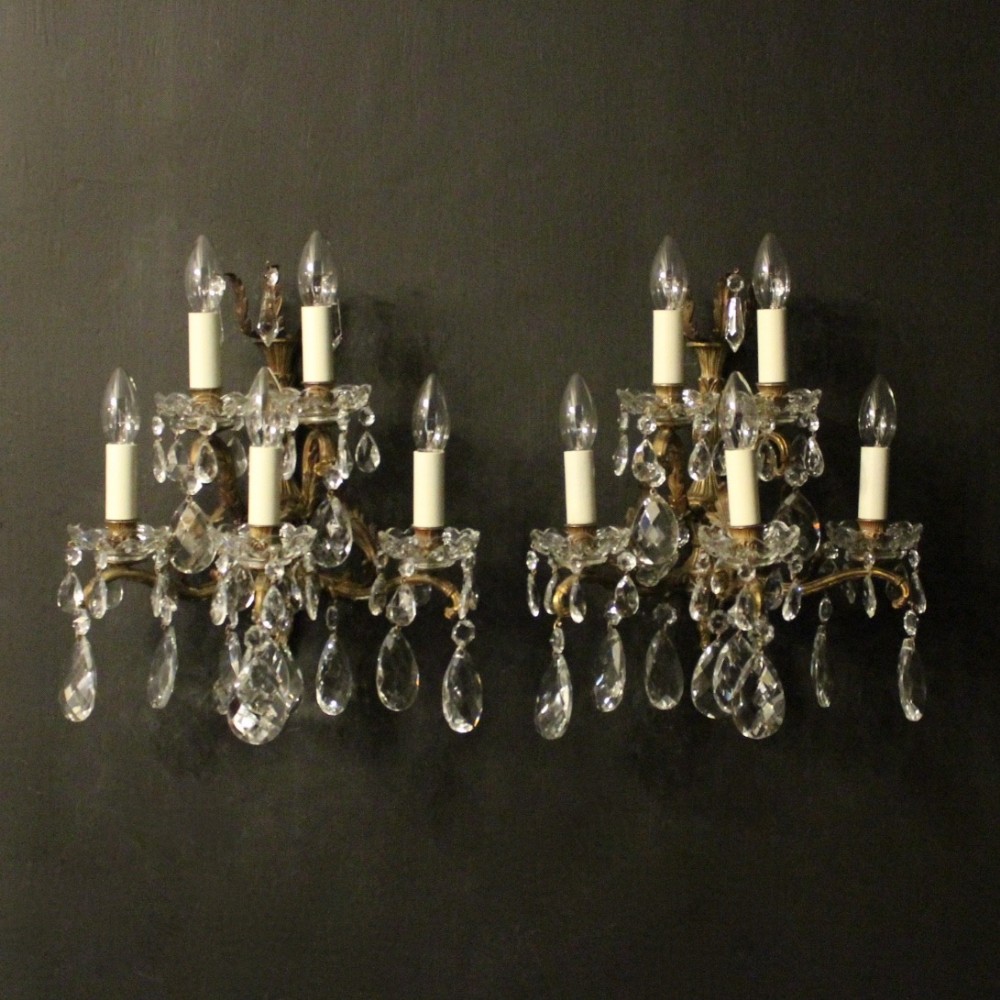 Italian Pair Of Gilded Bronze & Crystal Five Arm Wall Lights