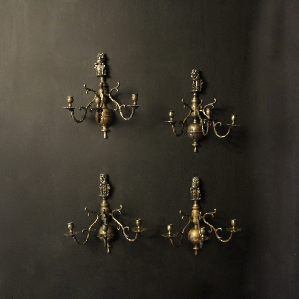 Dutch Set Of 4 Bronze Triple Arm Antique Sconces