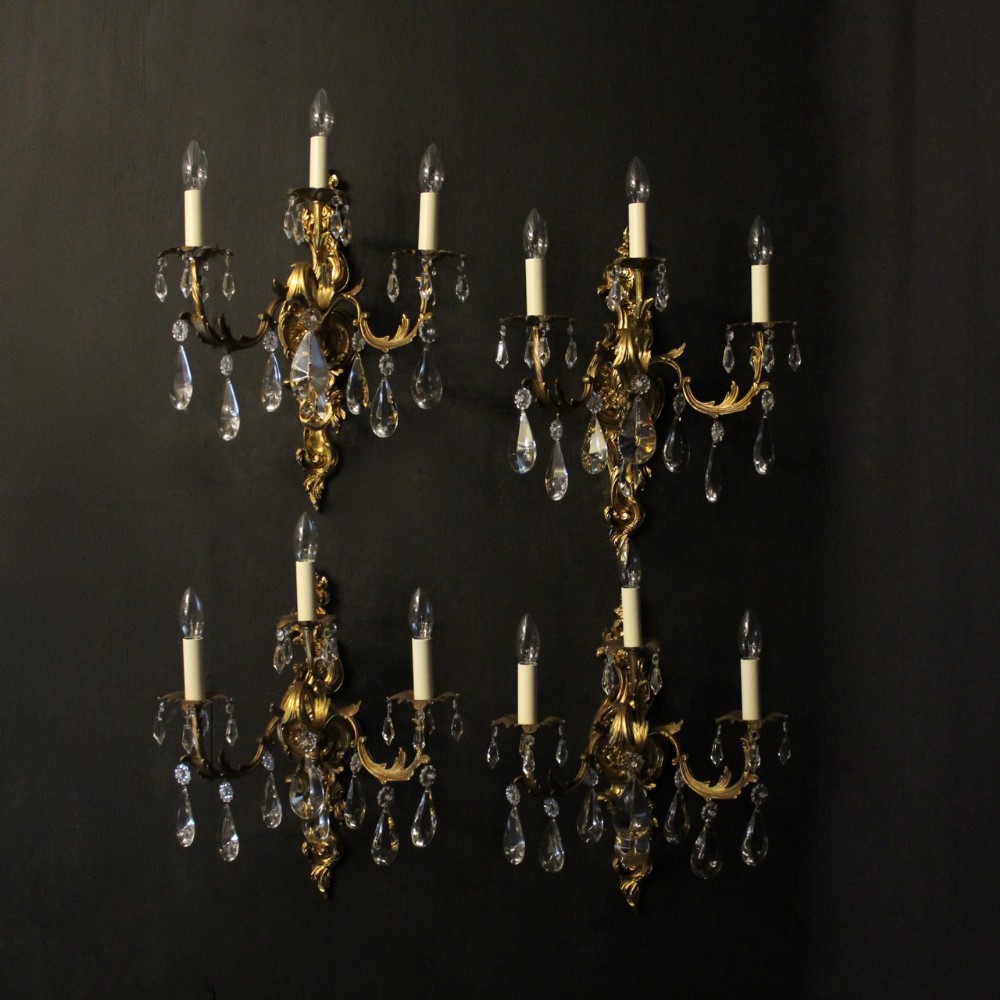 French Set Of 4 Gilded Triple Arm Wall Lights