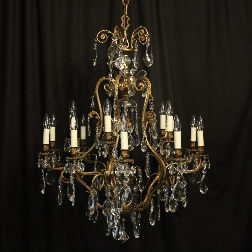 French Gilded Bronze & Crystal 16 Light Antique Chandelier