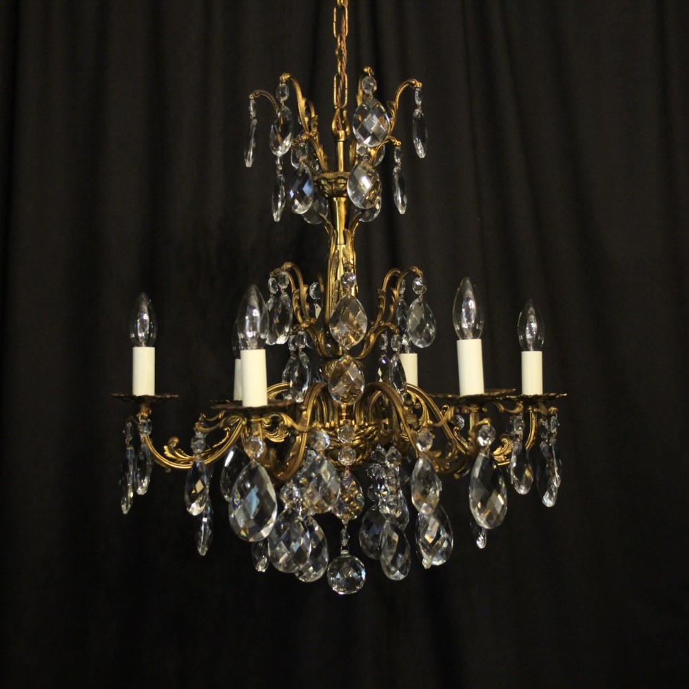 Italian Gilded Bronze & Crystal 6 Light Chandelier
