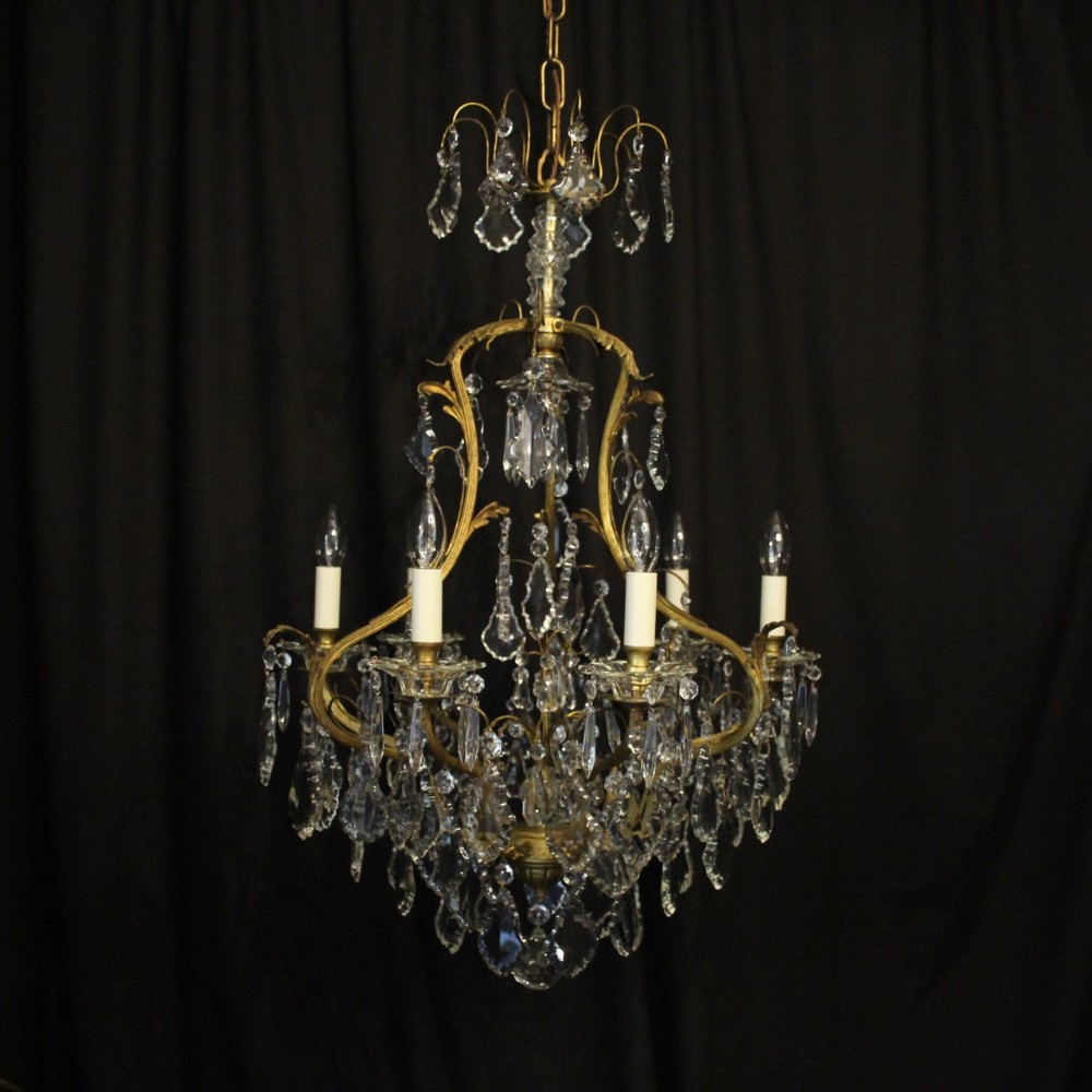 French Gilded & Crystal 7 Light Antique Cage Chandelier